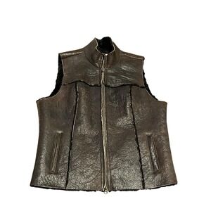 Sundance Vest Brown Leather Faux Fur Lining  21" PTP 23" Long